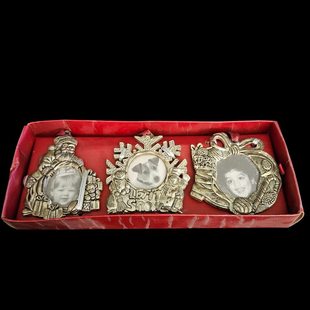 NOS Set of 3 Christmas Photo Frame Ornaments Silver Tone Red Ribbon Holiday Deco